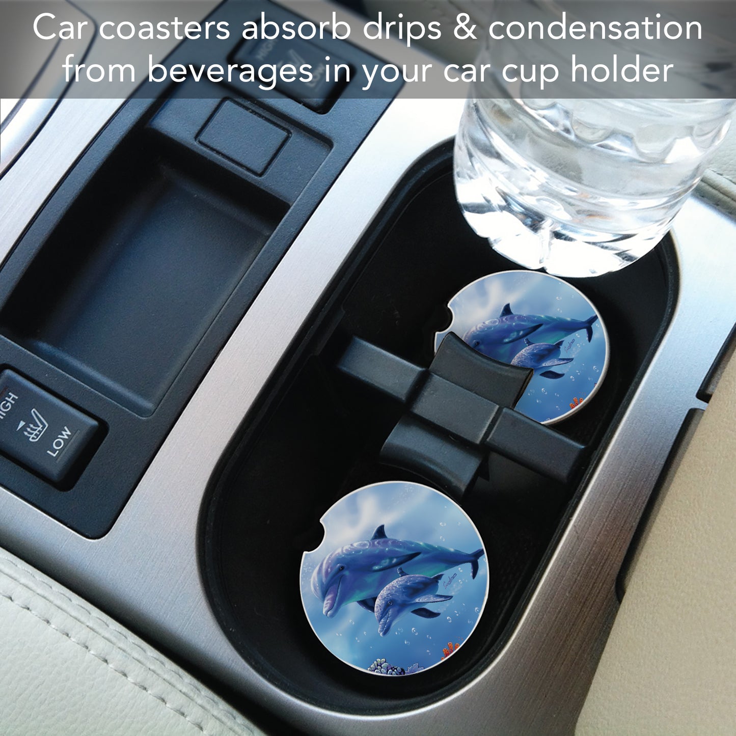 CounterArt Dolphin & Baby Single Absorbnent Stone Coaster for Vehicle Cup Holder 2.6” Diameter Manufactured in The USA