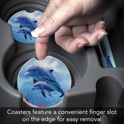 CounterArt Dolphin & Baby Single Absorbnent Stone Coaster for Vehicle Cup Holder 2.6” Diameter Manufactured in The USA