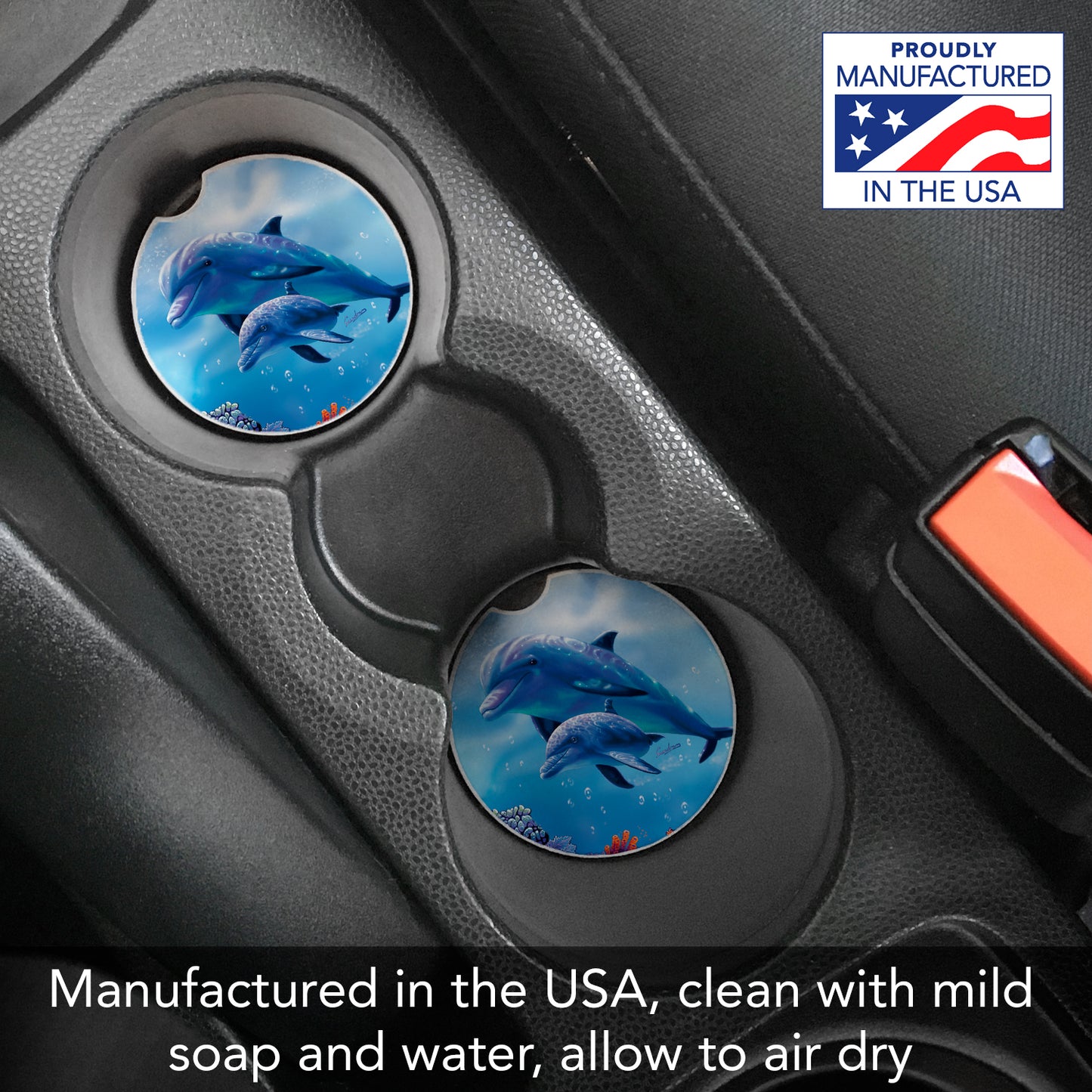 CounterArt Dolphin & Baby Single Absorbnent Stone Coaster for Vehicle Cup Holder 2.6” Diameter Manufactured in The USA