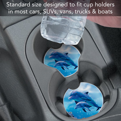 CounterArt Dolphin & Baby Single Absorbnent Stone Coaster for Vehicle Cup Holder 2.6” Diameter Manufactured in The USA