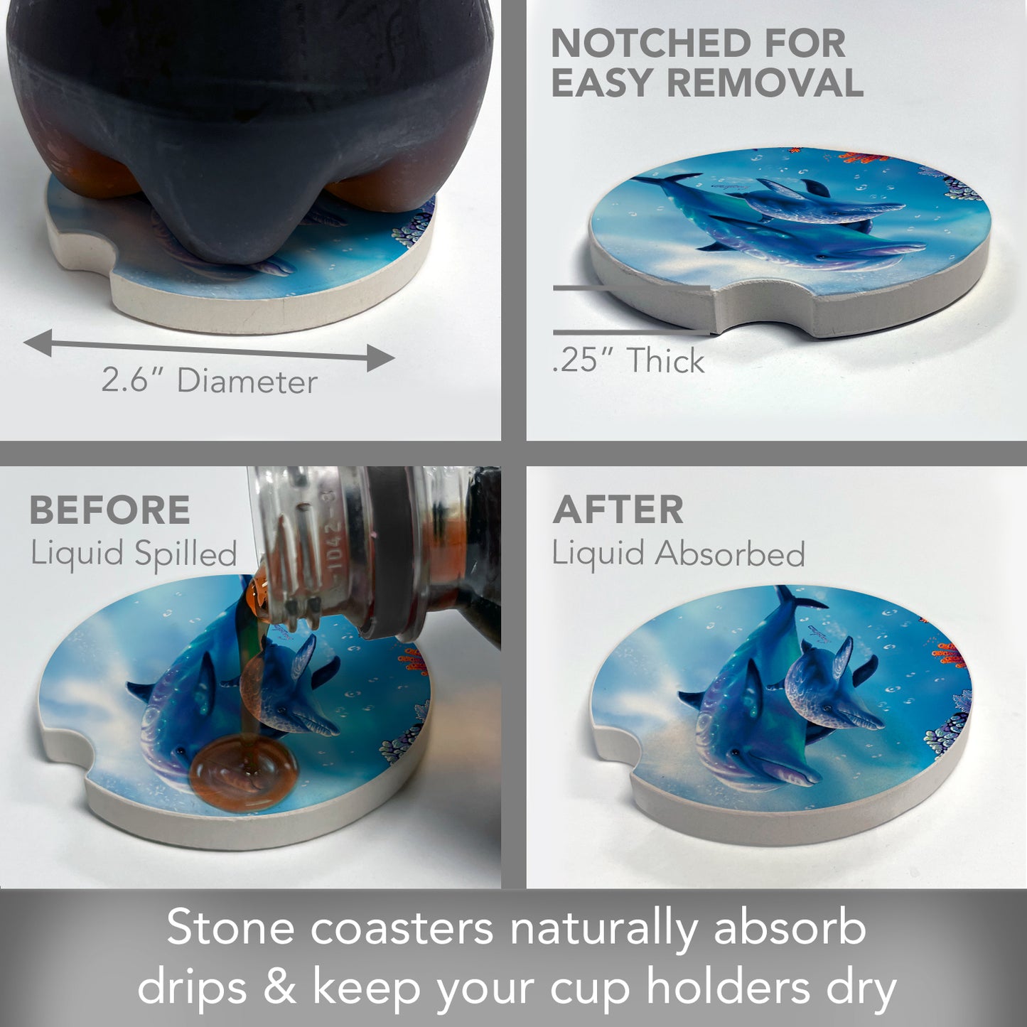CounterArt Dolphin & Baby Single Absorbnent Stone Coaster for Vehicle Cup Holder 2.6” Diameter Manufactured in The USA