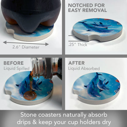 CounterArt Dolphin & Baby Single Absorbnent Stone Coaster for Vehicle Cup Holder 2.6” Diameter Manufactured in The USA