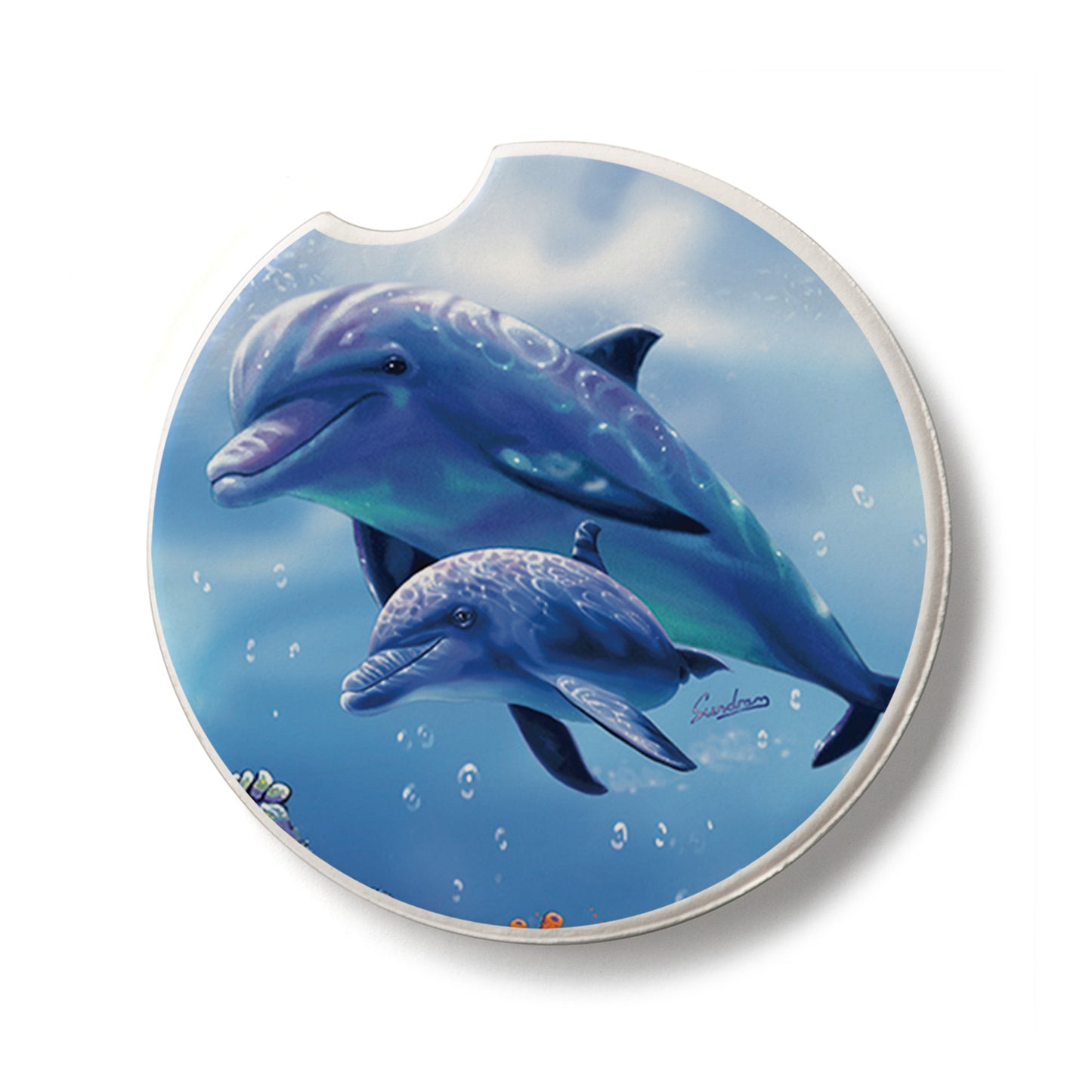 Dolphin & Baby Single Absorbent Stone Car Coaster 2.6” Diameter Manufactured in the USA