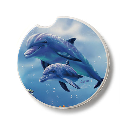 Dolphin & Baby Single Absorbent Stone Car Coaster 2.6” Diameter Manufactured in the USA