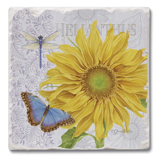 Thirstystone Sunflower Single Tumbled Tile Stone Coaster with Protective Cork Backing Manufactured in The USA 4" Square, Artistic, Easily Wipes Clean