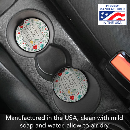 Live Happy 2 Pack Absorbent Stone Car Coasters 2.6" Manufactured in the USA