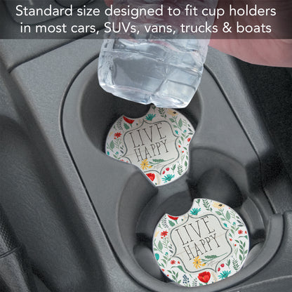 Live Happy 2 Pack Absorbent Stone Car Coasters 2.6" Manufactured in the USA