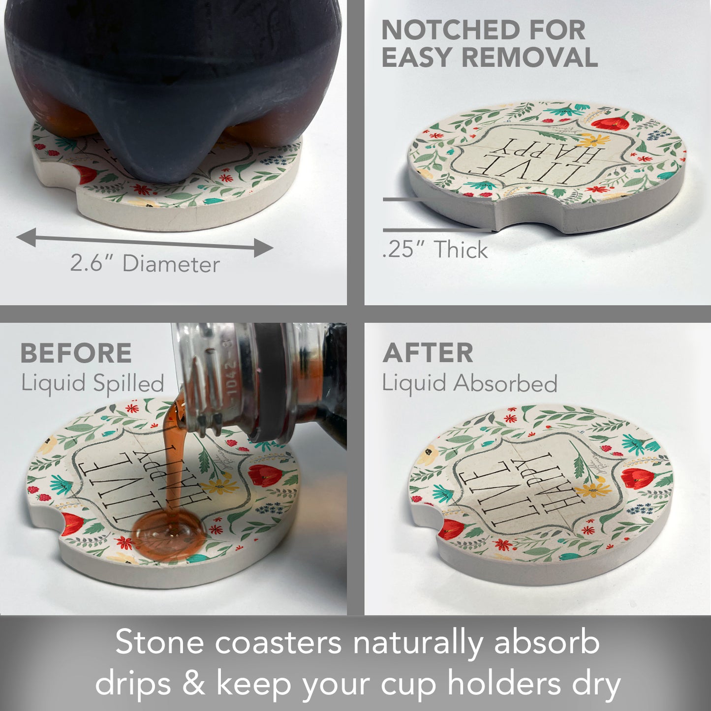 Live Happy 2 Pack Absorbent Stone Car Coasters 2.6" Manufactured in the USA