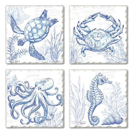 Thirstystone Coastal Sketch 4 Pack Assorted Tumbled Tile Stone Coasters 4" Square