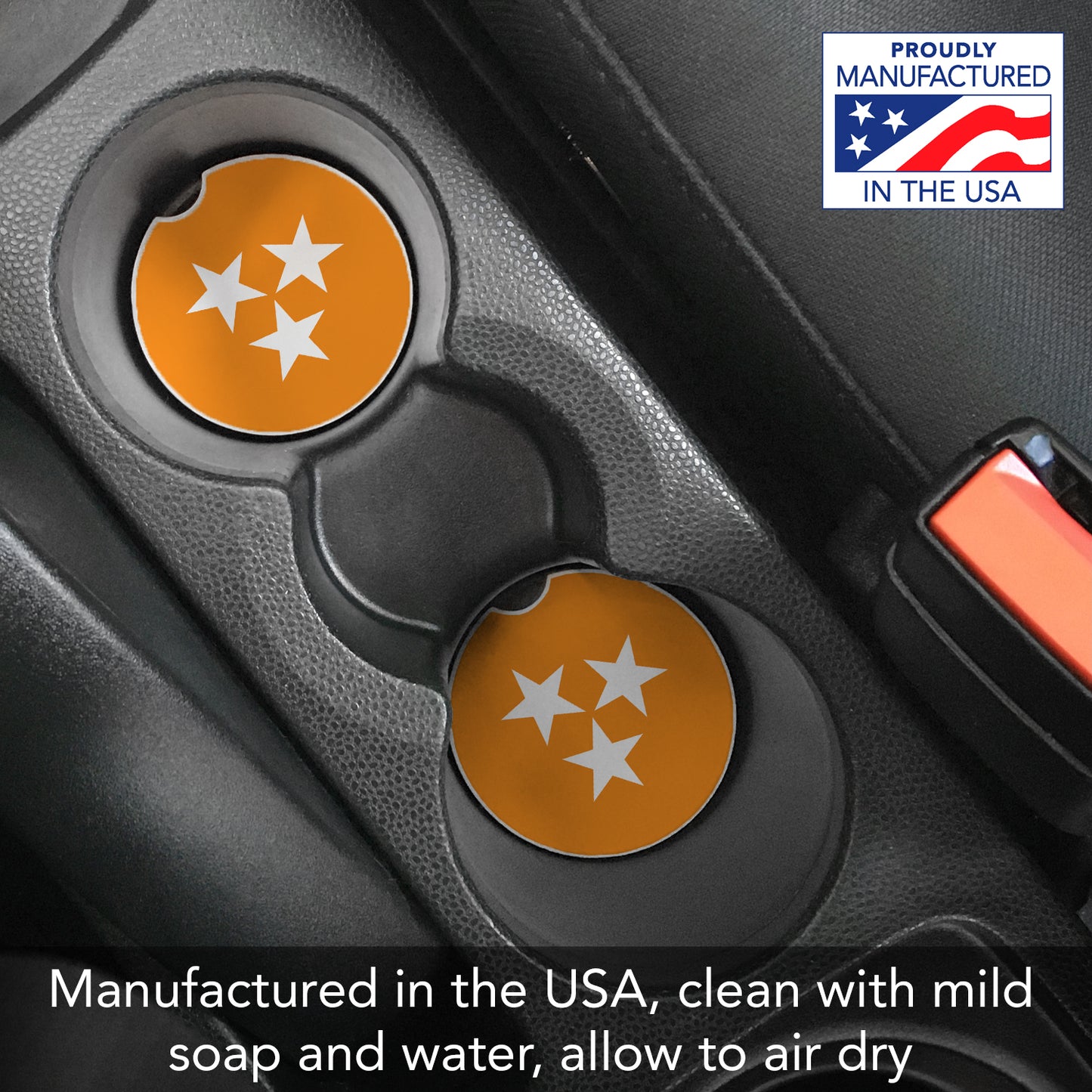 CounterArt Tennessee Tri-Star Single Absorbnent Stone Coaster for Vehicle Cup Holder 2.6” Diameter Manufactured in The USA