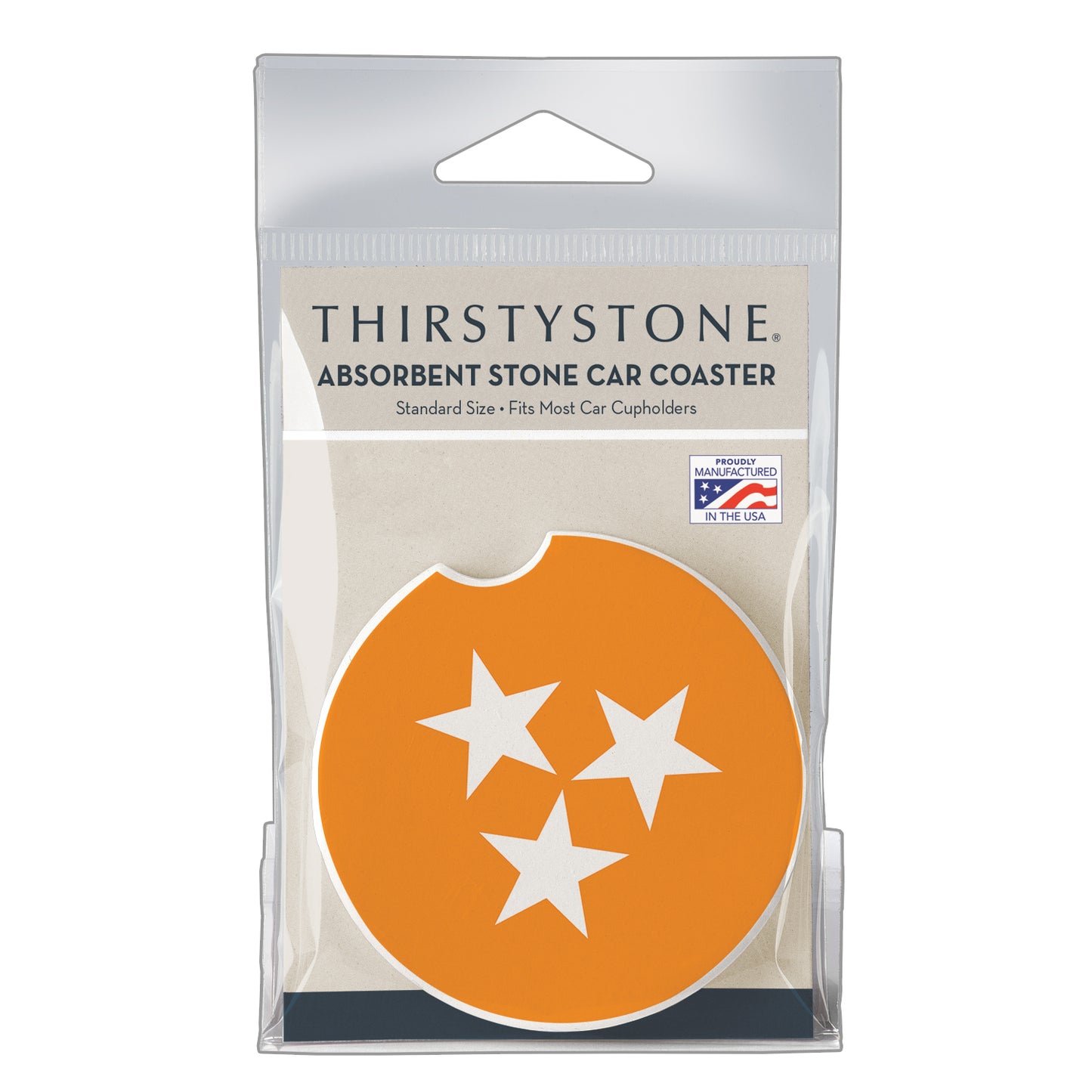 CounterArt Tennessee Tri-Star Single Absorbnent Stone Coaster for Vehicle Cup Holder 2.6” Diameter Manufactured in The USA