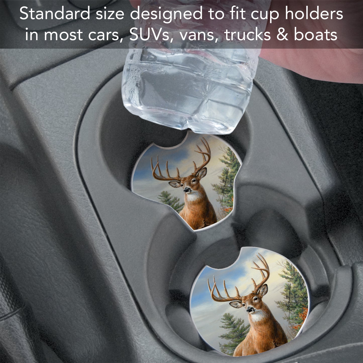 CounterArt Morning Buck Single Absorbent Stone Coaster for Vehicle Cup Holder 2.6” Diameter Manufactured in The USA
