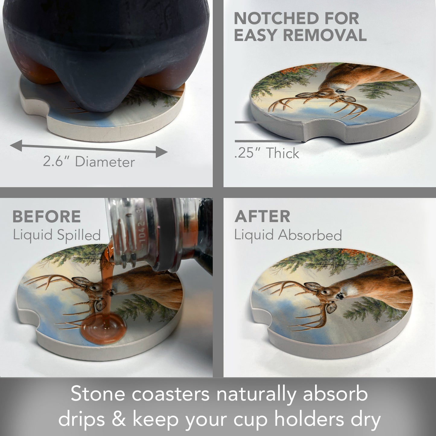 CounterArt Morning Buck Single Absorbent Stone Coaster for Vehicle Cup Holder 2.6” Diameter Manufactured in The USA