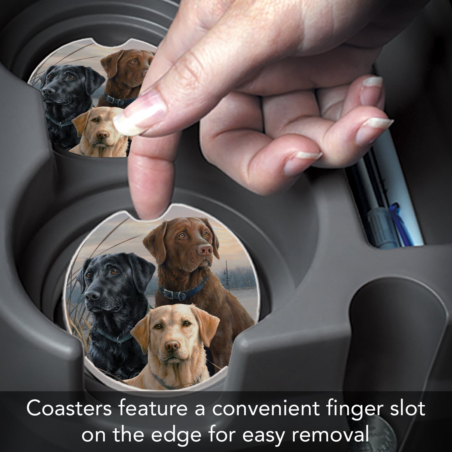 CounterArt Hunting Dogs Single Absorbnent Stone Coaster for Vehicle Cup Holder 2.6” Diameter Manufactured in The USA