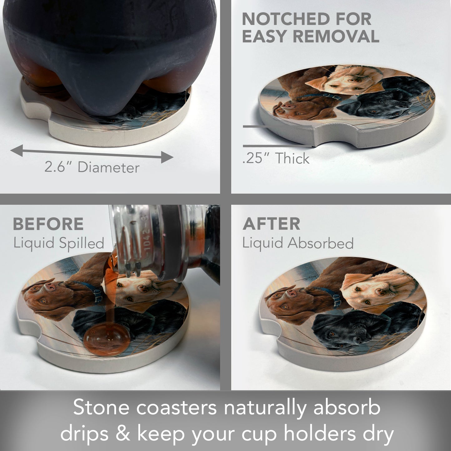 CounterArt Hunting Dogs Single Absorbnent Stone Coaster for Vehicle Cup Holder 2.6” Diameter Manufactured in The USA