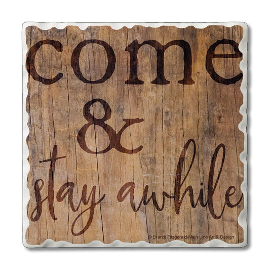 Thirstystone Stay Awhile Single Tumbled Tile Stone Coaster with Protective Cork Backing Manufactured in The USA 4" Square, Artistic, Easily Wipes Clean