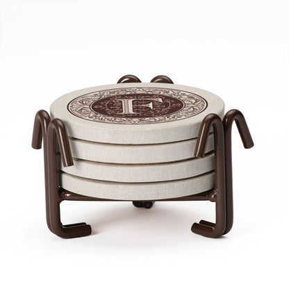 Thirstystone 4 Pack Monogram Letter F Sandstone Coasters in Bronze Iron Ram Coaster Holder 4.75" x 4.38" x 2.75"