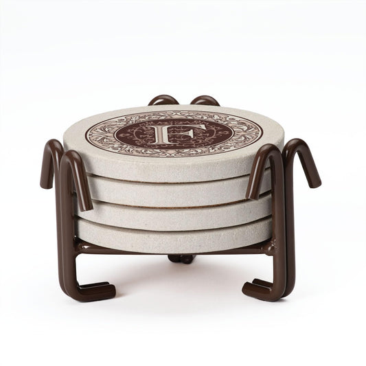Thirstystone 4 Pack Monogram Letter F Sandstone Coasters in Bronze Iron Ram Coaster Holder 4.75" x 4.38" x 2.75"
