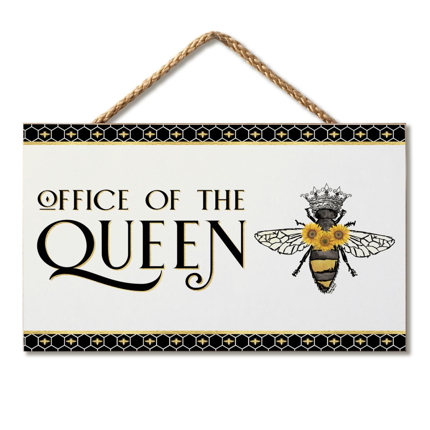 CounterArt Office Queen Decorative Hanging Wood Wall Sign 9.5” by 5.75” Made in the USA Features Braided Rope Hanger