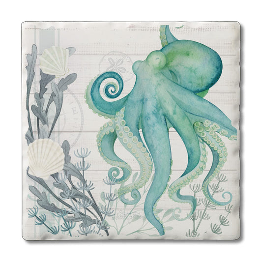 Thirstystone Beach Therapy Octopus Single Tumbled Tile Stone Coaster with Protective Cork Backing Manufactured in The USA 4" Square, Colorful, Artistic, Easily Wipes Clean