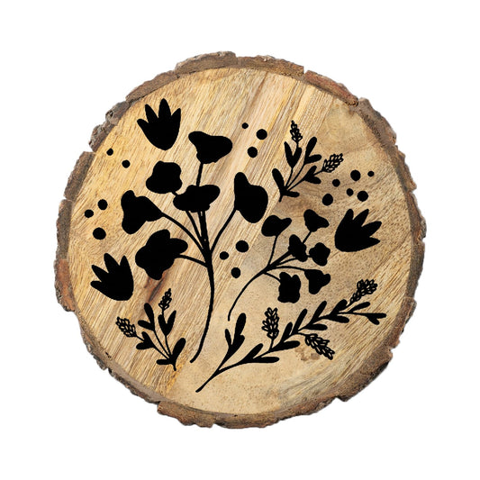 Thirstystone Black Flowers 4-Pack Mango Wood Coasters with Bark Edges 4.5" Round Manufactured in The USA
