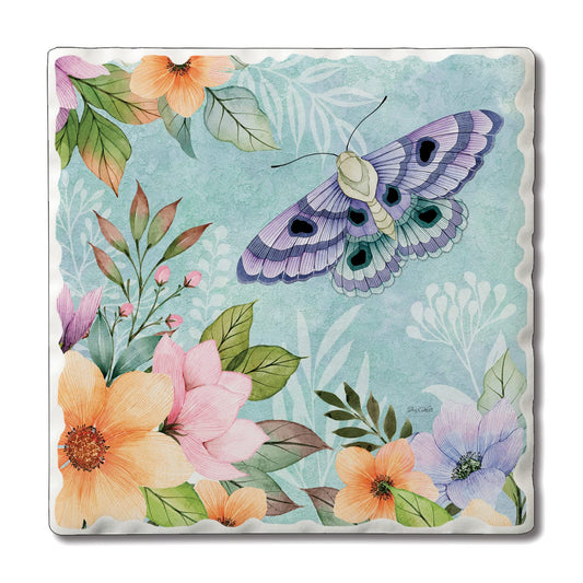 Thirstystone Purple Butterfly Bloom Single Tumbled Tile Stone Coaster with Protective Cork Backing Manufactured in The USA 4" Square