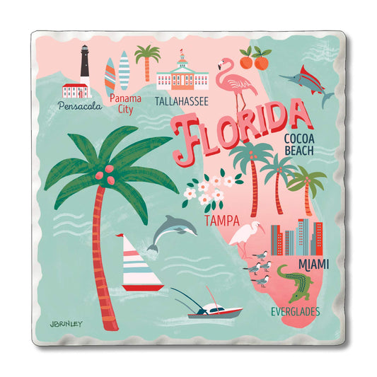 Thirstystone Florida Attractions 4 Pack Tumbled Tile Stone Coasters 4” Square Manufactured in the USA