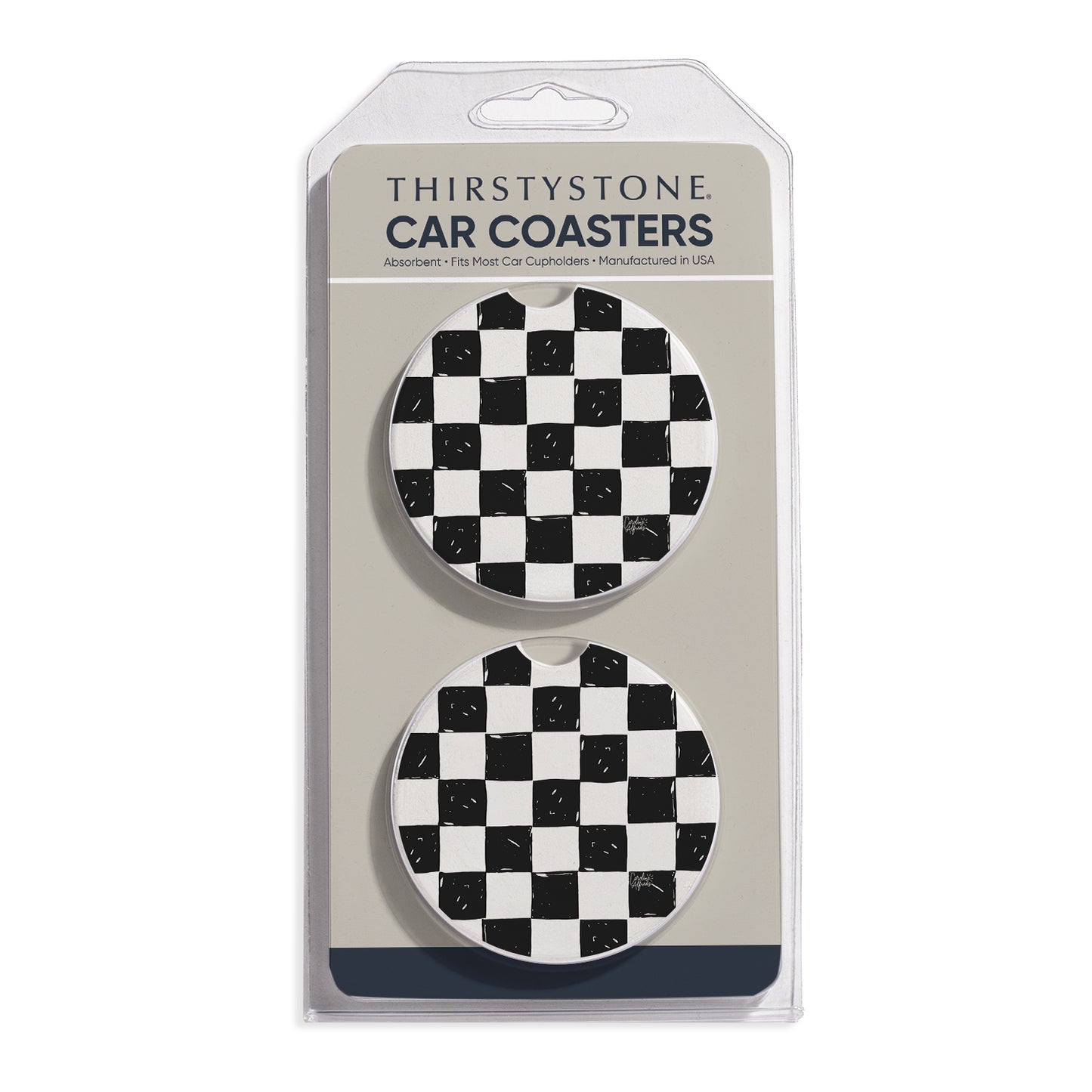 Checker 2 Pack Absorbent Stone Car Coasters 2.6" Manufactured in the USA