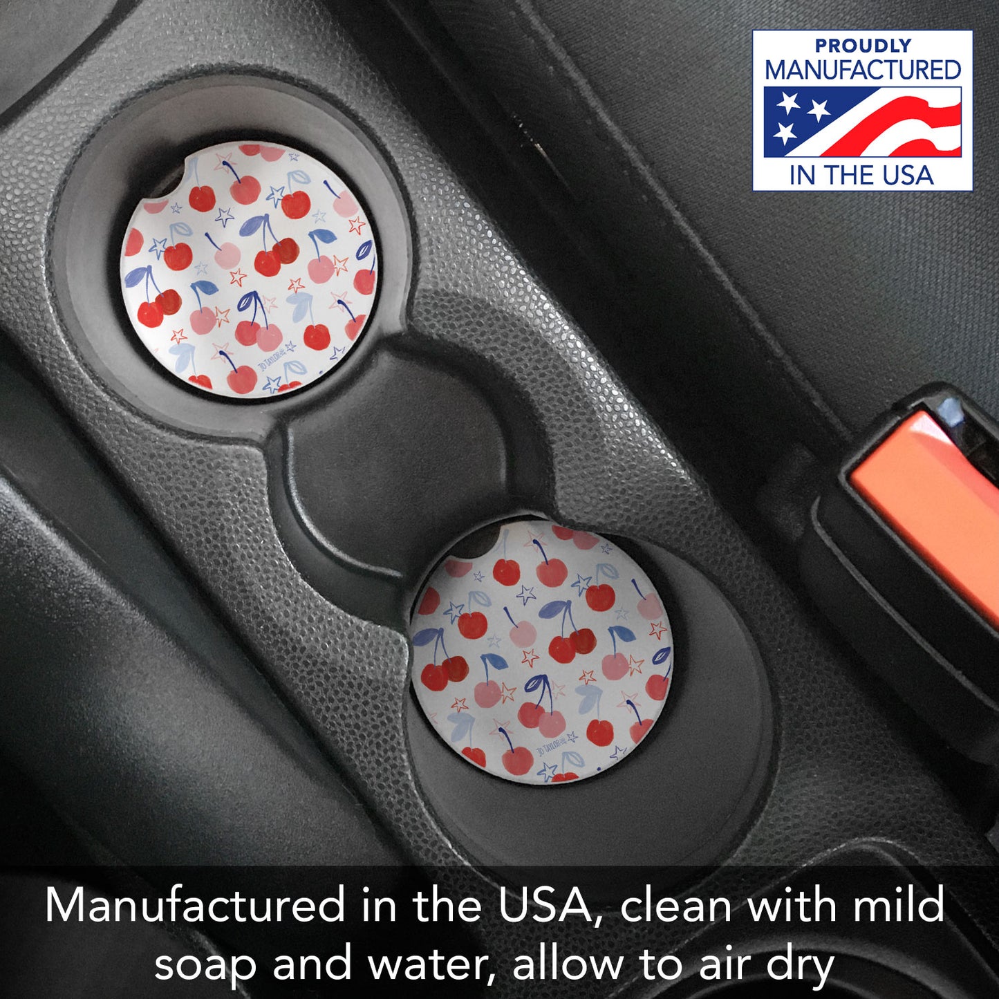 Cherry Stars 2 Pack Absorbent Stone Car Coasters 2.6" Manufactured in the USA