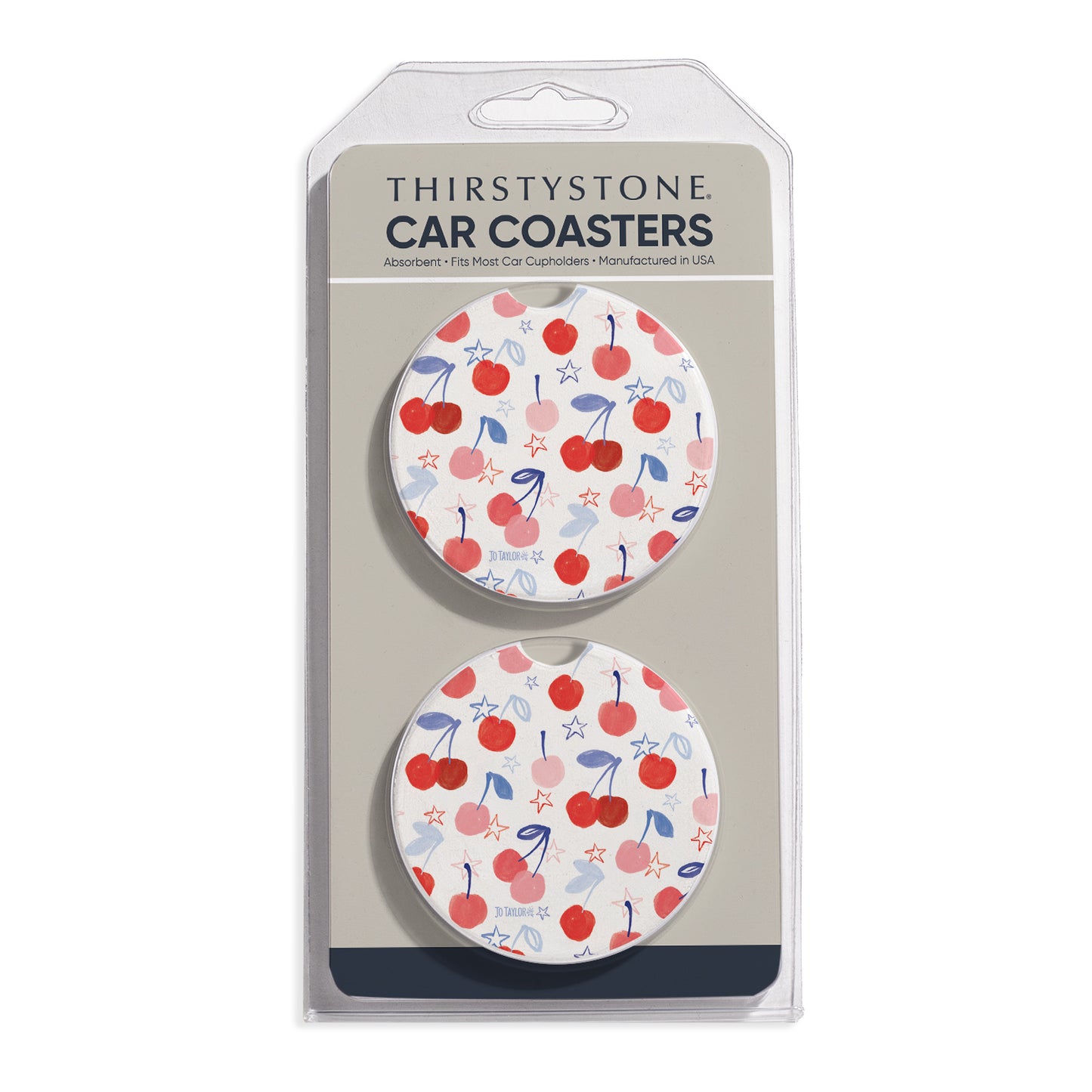 Cherry Stars 2 Pack Absorbent Stone Car Coasters 2.6" Manufactured in the USA