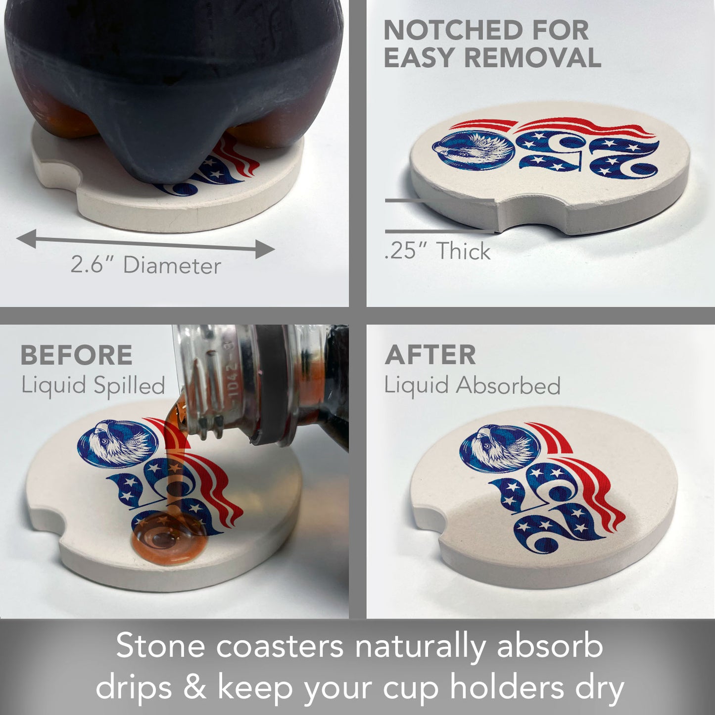 Celebrate 250 Years 2 Pack Absorbent Stone Car Coasters 2.6" Manufactured in the USA