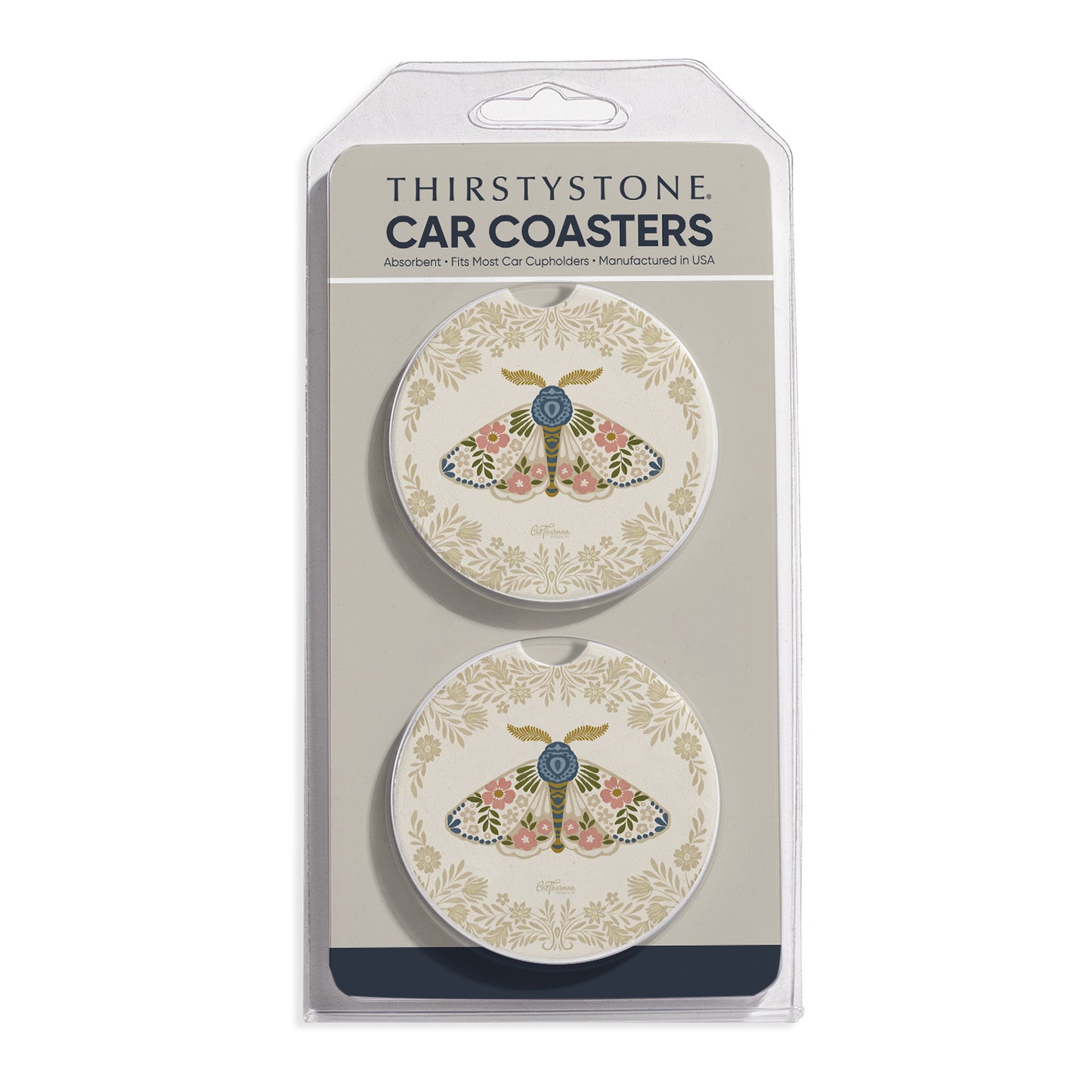 Folkloric Moth 2 Pack Absorbent Stone Car Coasters 2.6" Manufactured in the USA