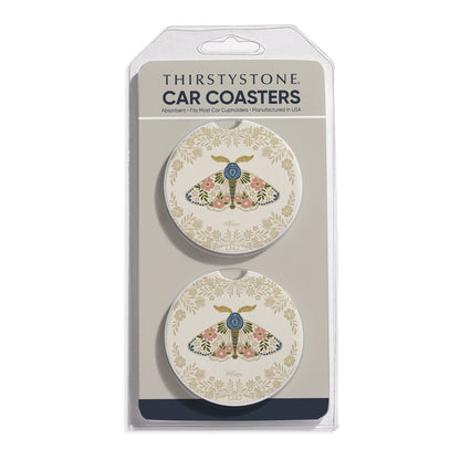 Folkloric Moth 2 Pack Absorbent Stone Car Coasters 2.6" Manufactured in the USA