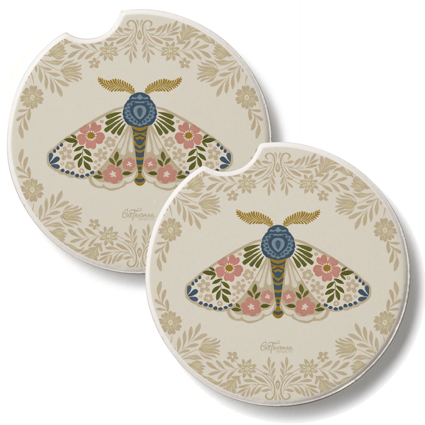 Folkloric Moth 2 Pack Absorbent Stone Car Coasters 2.6" Manufactured in the USA