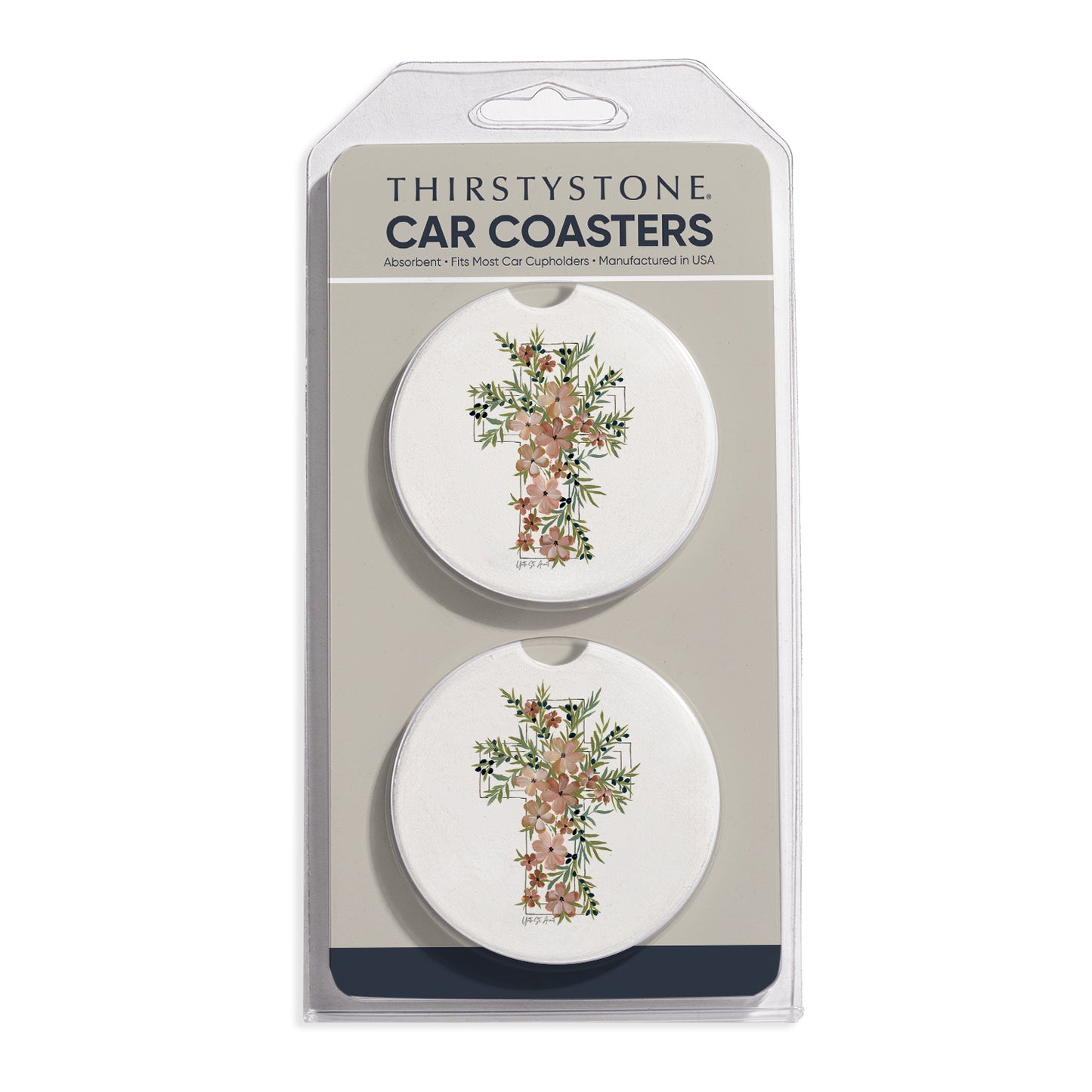 Floral Faith 2 Pack Absorbent Stone Car Coasters 2.6" Manufactured in the USA