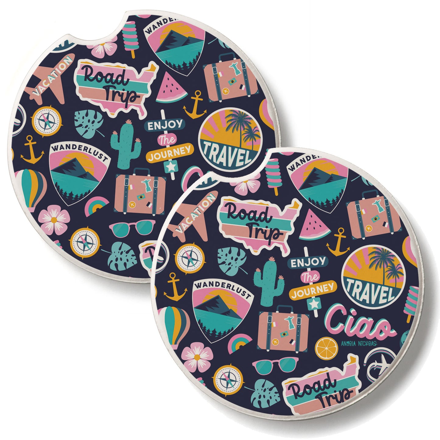 Around the World 2 Pack Absorbent Stone Car Coasters 2.6" Manufactured in the USA