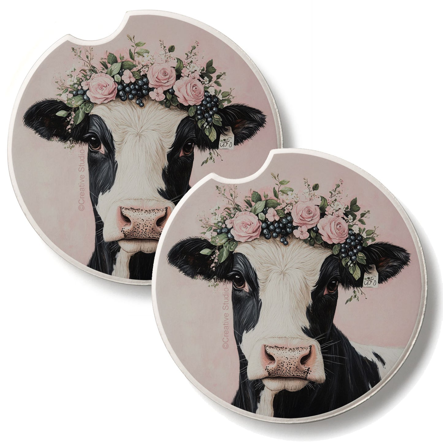 Charming Cow 2 Pack Absorbent Stone Car Coasters 2.6" Manufactured in the USA