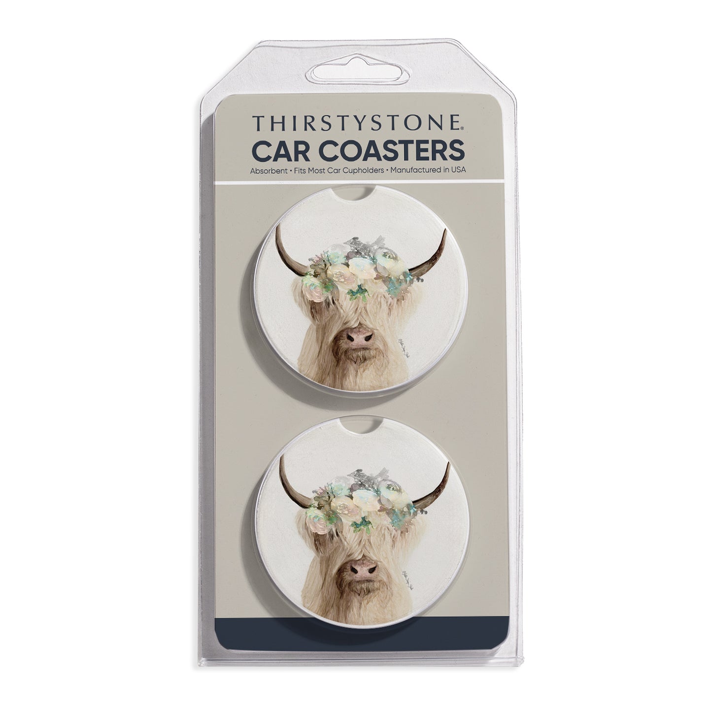 Highland Cow 2 Pack Absorbent Stone Car Coasters 2.6" Manufactured in the USA