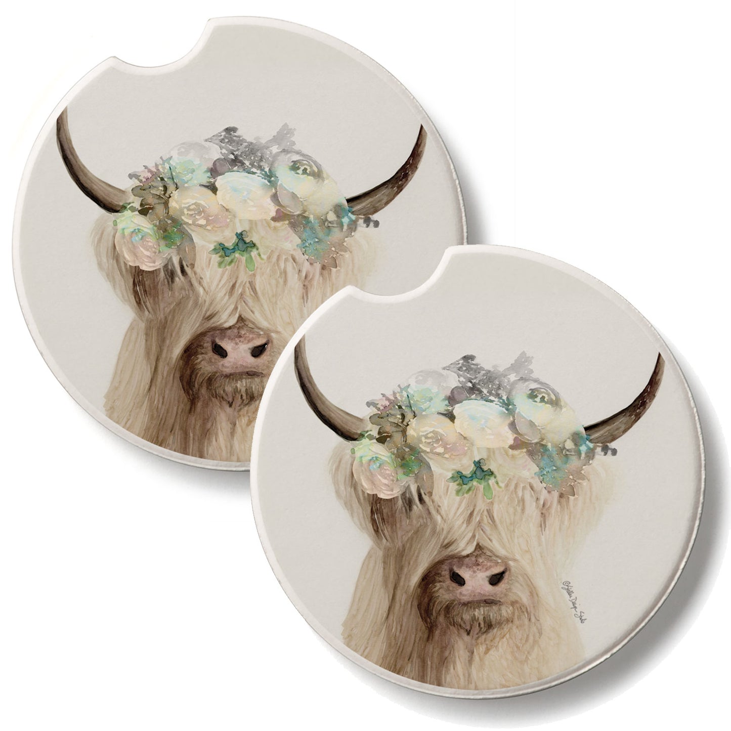 Highland Cow 2 Pack Absorbent Stone Car Coasters 2.6" Manufactured in the USA