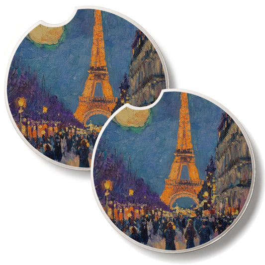 Paris Street Scene 2 Pack Absorbent Stone Car Coasters 2.6" Manufactured in the USA