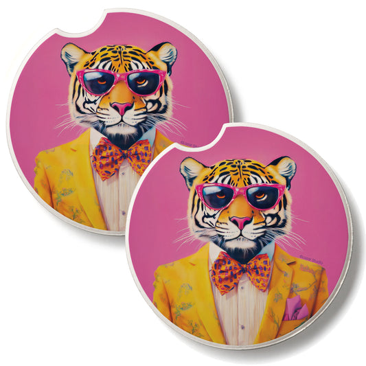 Joyful Jungle Cat 2 Pack Absorbent Stone Car Coasters 2.6" Manufactured in the USA