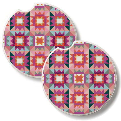 Vintage Patchwork 2 Pack Absorbent Stone Car Coasters 2.6" Manufactured in the USA