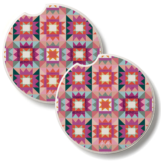 Vintage Patchwork 2 Pack Absorbent Stone Car Coasters 2.6" Manufactured in the USA