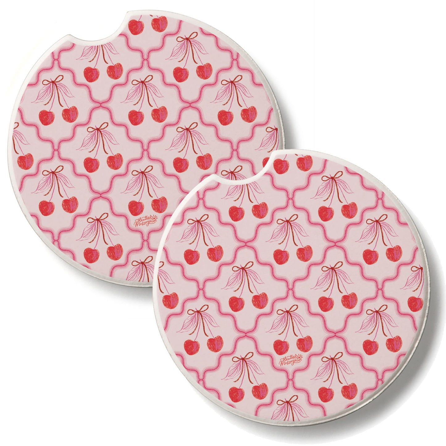 Sketched Cherries 2 Pack Absorbent Stone Car Coasters 2.6" Manufactured in the USA