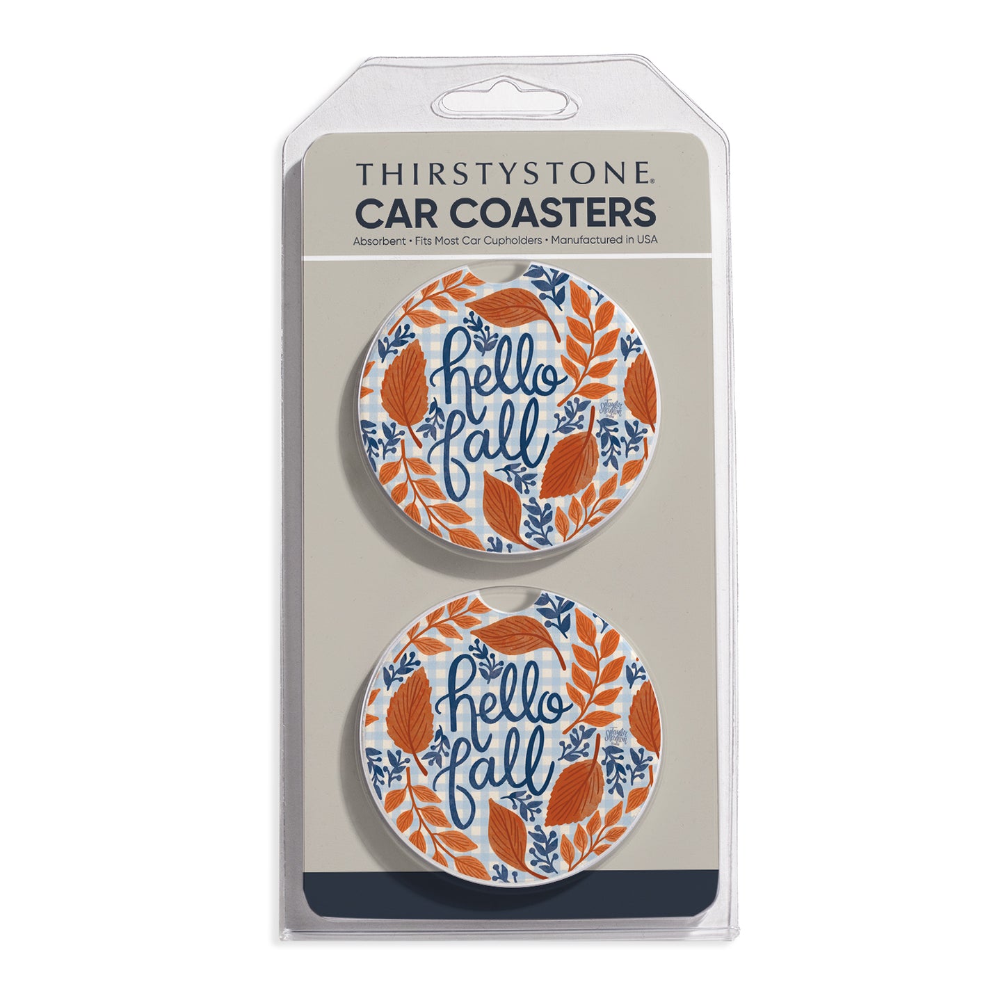 Hello Fall 2 Pack Absorbent Stone Car Coasters 2.6" Manufactured in the USA