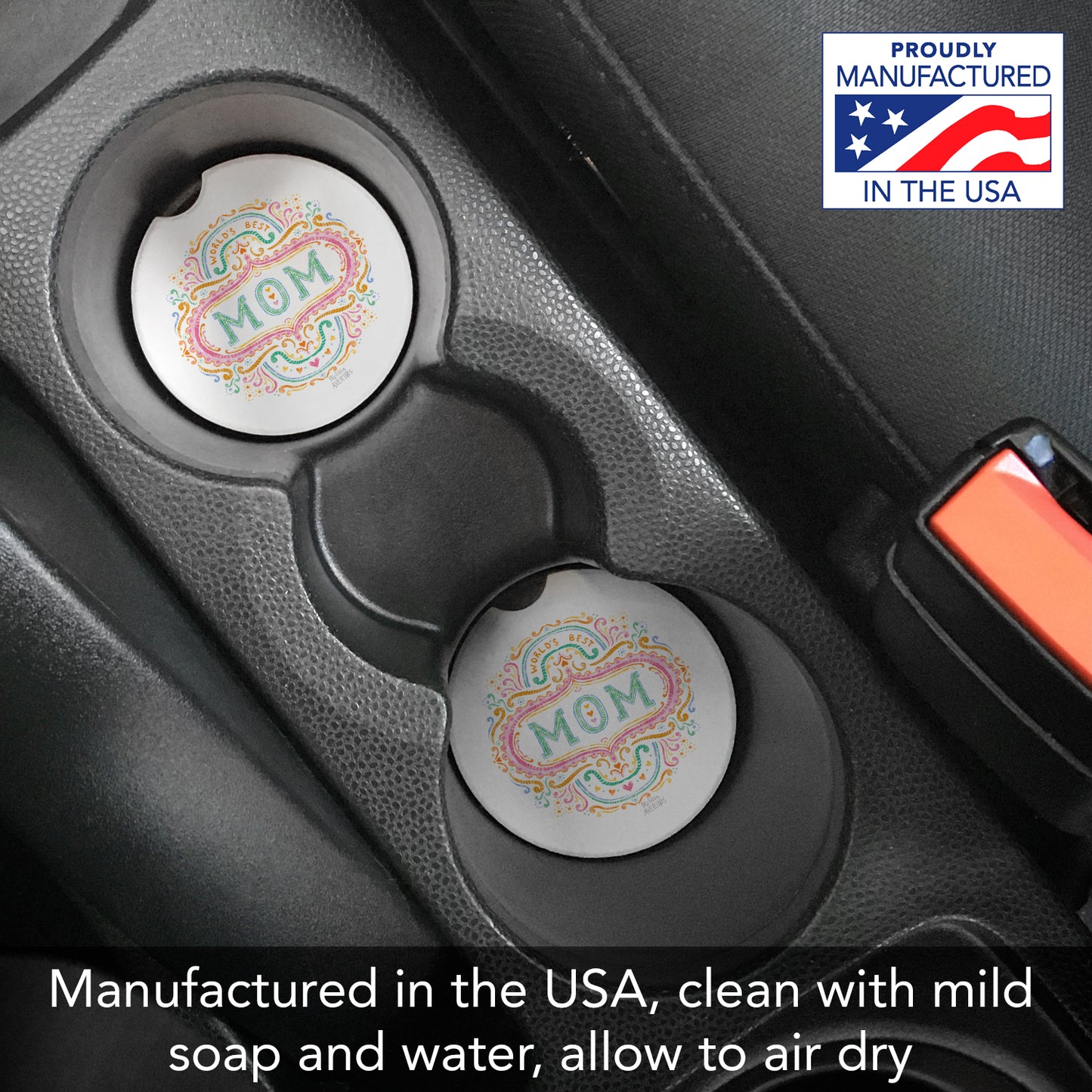 World's Best Mom 2 Pack Absorbent Stone Car Coasters 2.6" Manufactured in the USA