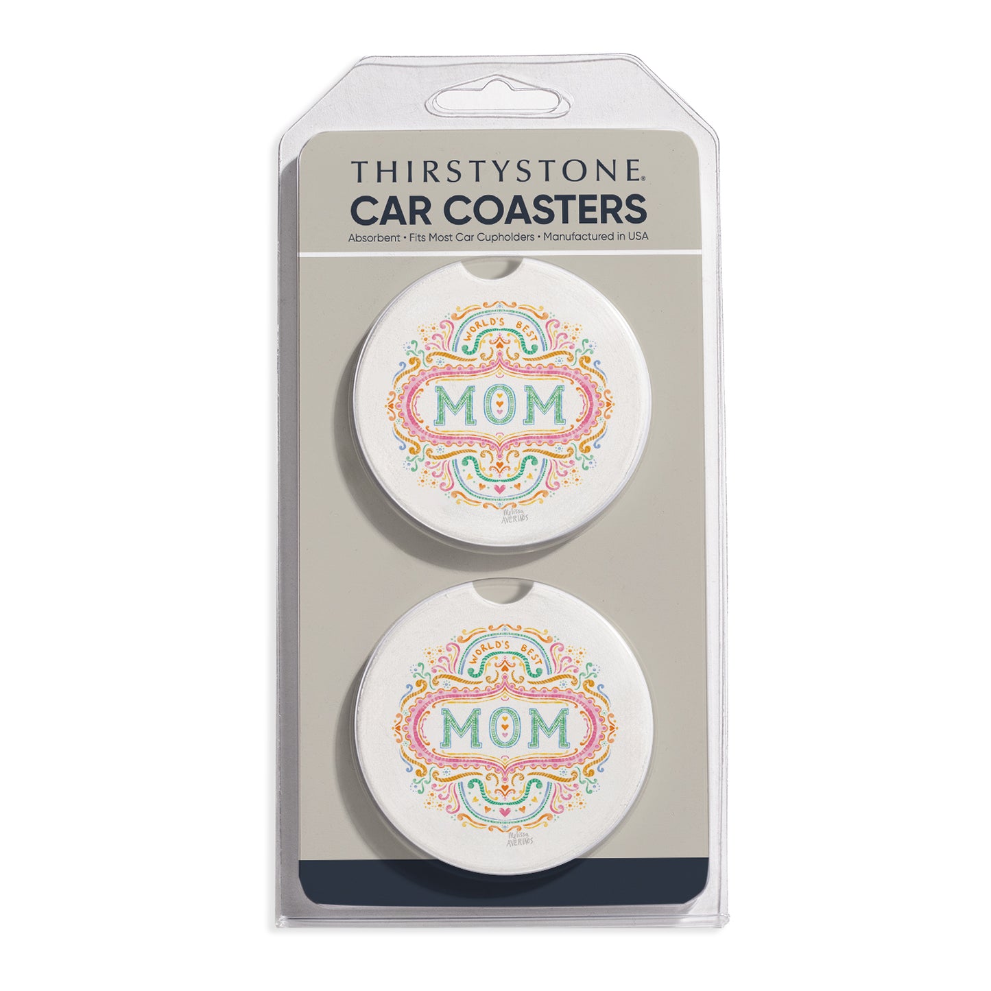 World's Best Mom 2 Pack Absorbent Stone Car Coasters 2.6" Manufactured in the USA