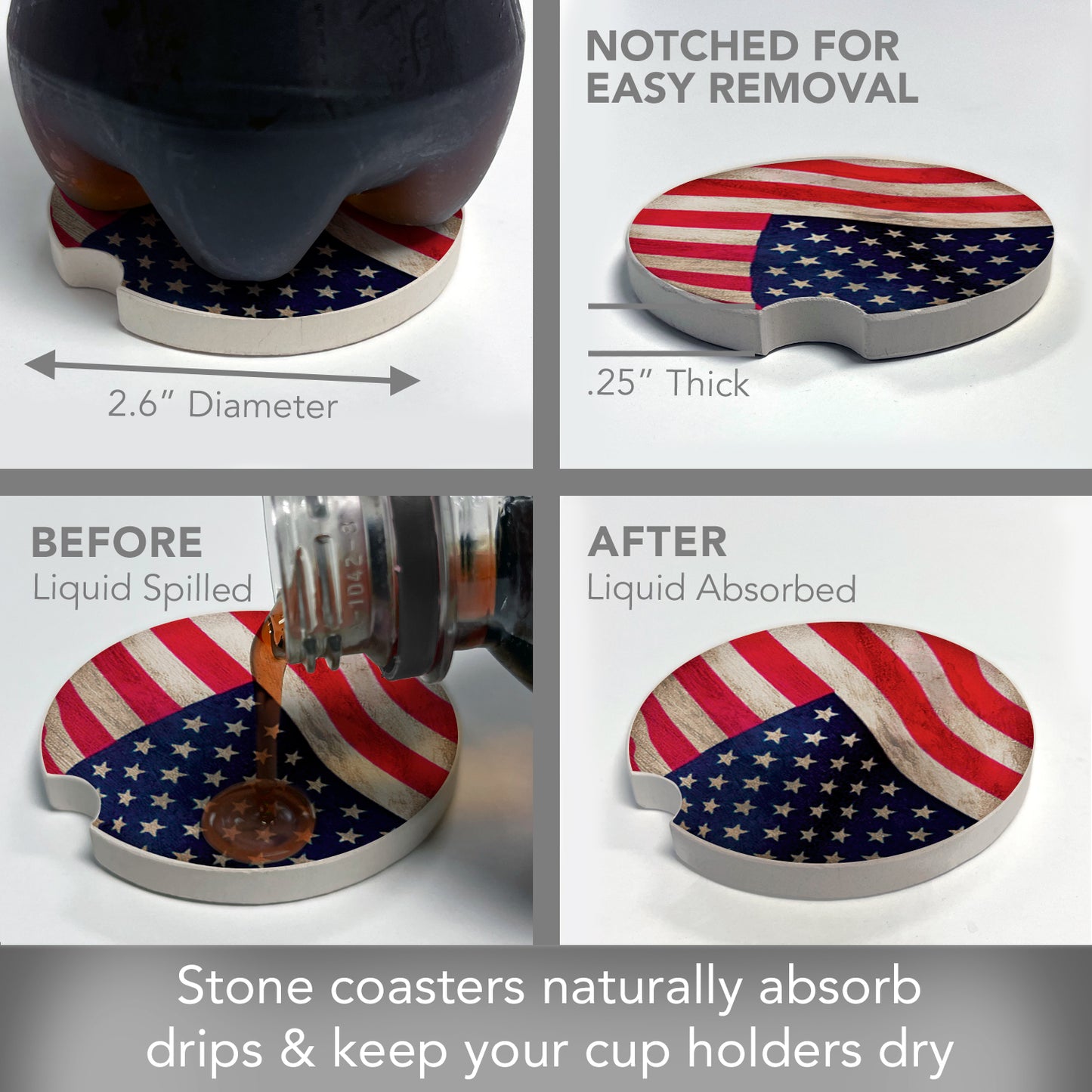 US Flag 2 Pack Absorbent Stone Car Coasters 2.6" Manufactured in the USA