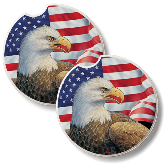 Eagle & Flag 2 Pack Absorbent Stone Car Coasters 2.6" Manufactured in the USA