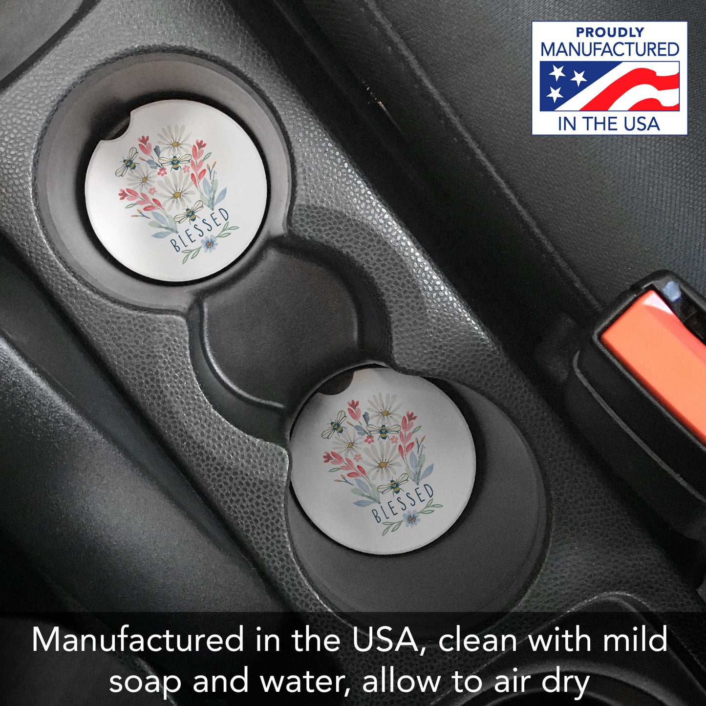 Blessed Bouquet 2 Pack Absorbent Stone Car Coasters 2.6" Manufactured in the USA